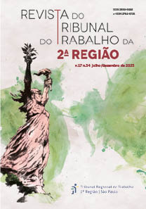Capa da Revista: sobre fundo aquarelado em verde e bege imagem estilizada da deusa Themis levantando uma tocha com uma das mãos e segurando um ramo de oliveira na outra. Em letras vinho e preto se lê: Revista do Tribunal do Trabalho da 2. Região, v. 17 n. 34 julho/ dezembro 2025